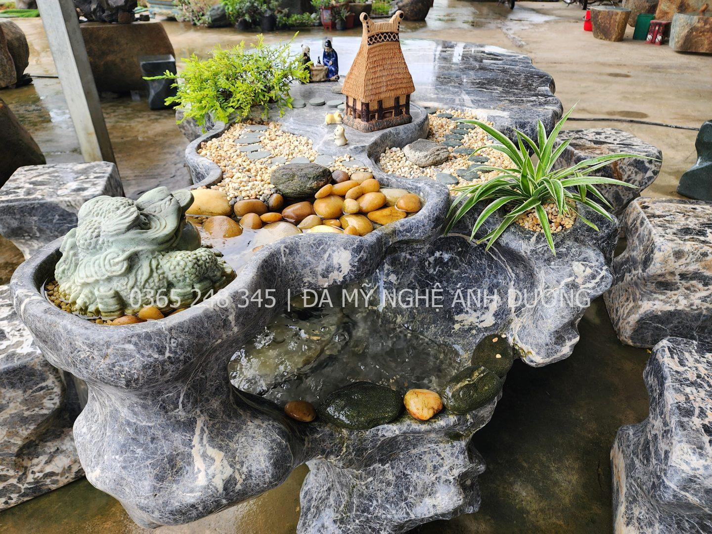 Bàn ghế đá tự nhiên nguyên khối hoa báo trắng có thác nước tiểu cảnh